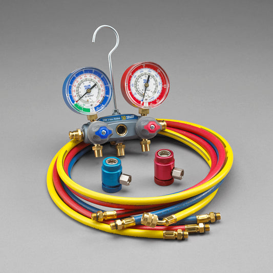 Yellow Jacket TITAN 2-Valve Manifold with 72″ PLUS II™ SAE RYB hoses with couplers, R/B gauges 49849
